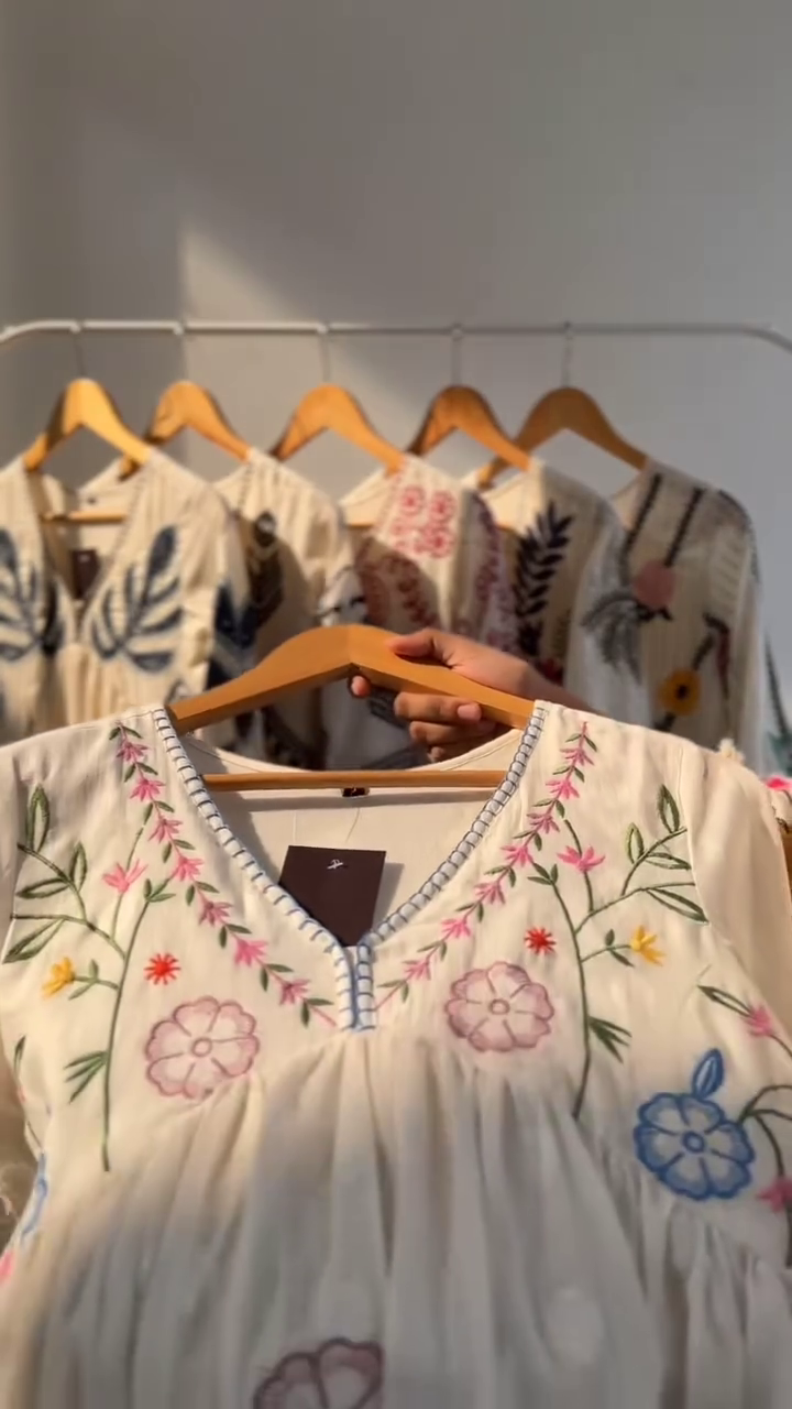 The Floral Embroidered V-Neck Puff Sleeves Cotton Empire Dress - image 2