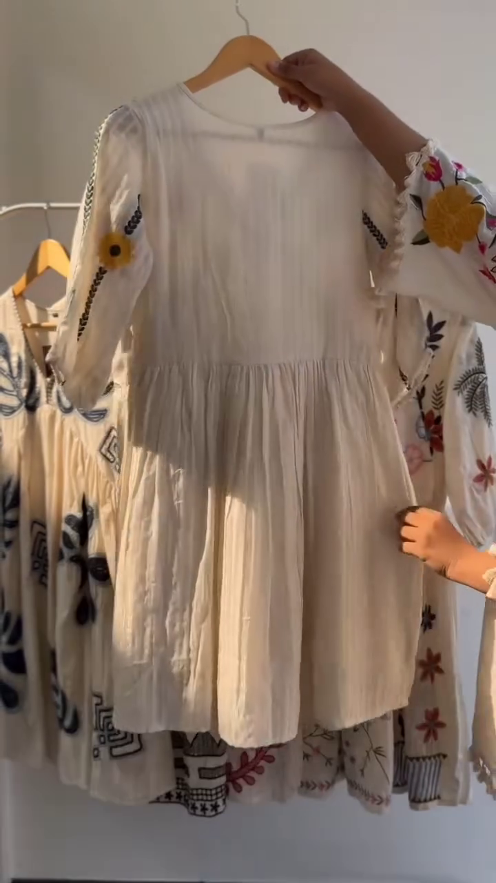 The Floral Embroidered V-Neck Puff Sleeves Cotton Empire Dress - image 8